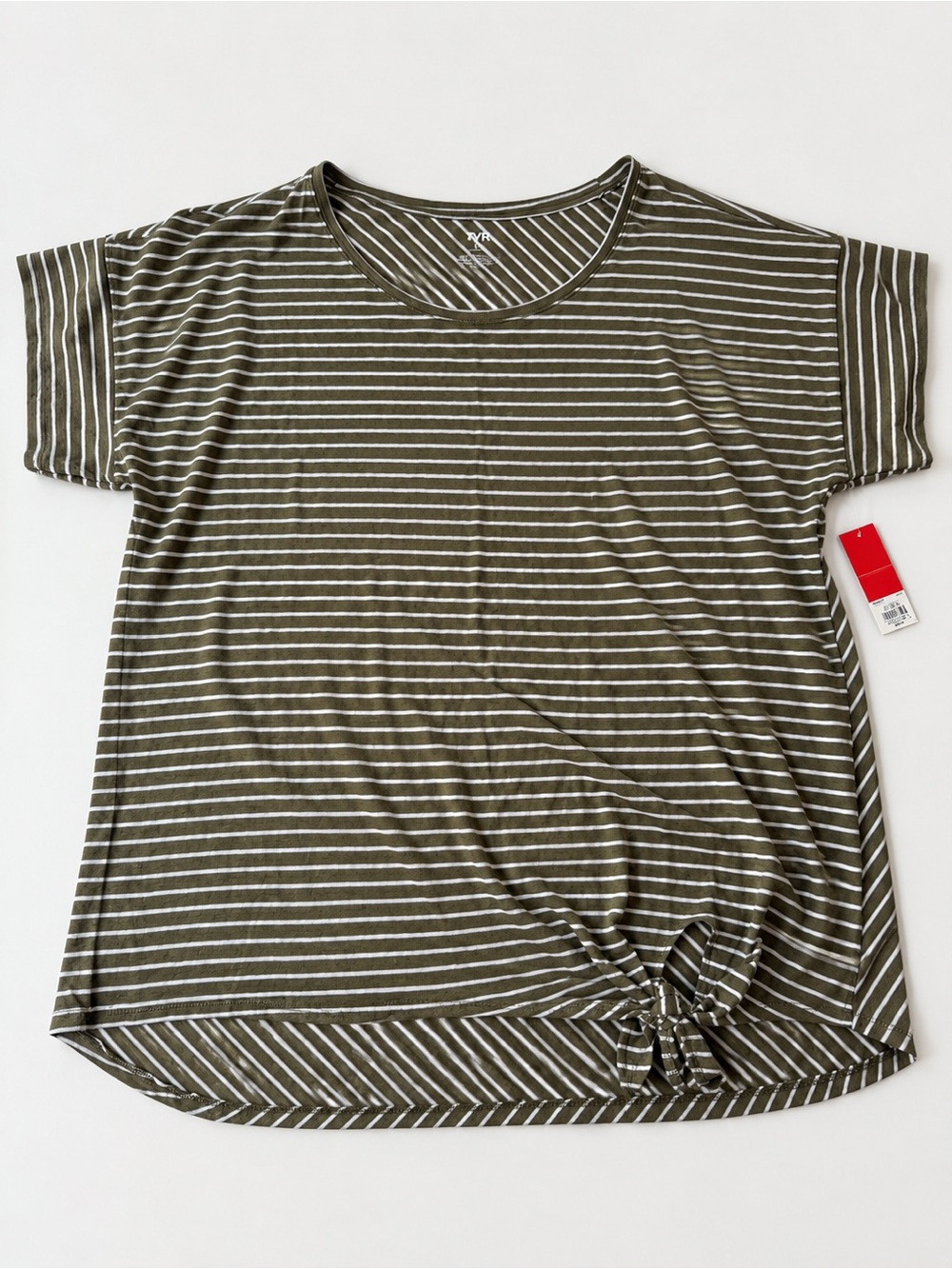 EVRI Olive and White Striped Short Sleeve Tee with Front Tie Women’s Size 2x